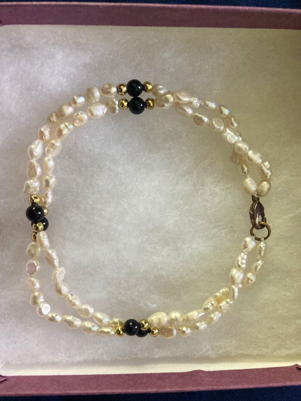 Vintage Freshwater Pearl Wrap Bracelet, Gold and Onyx Beads